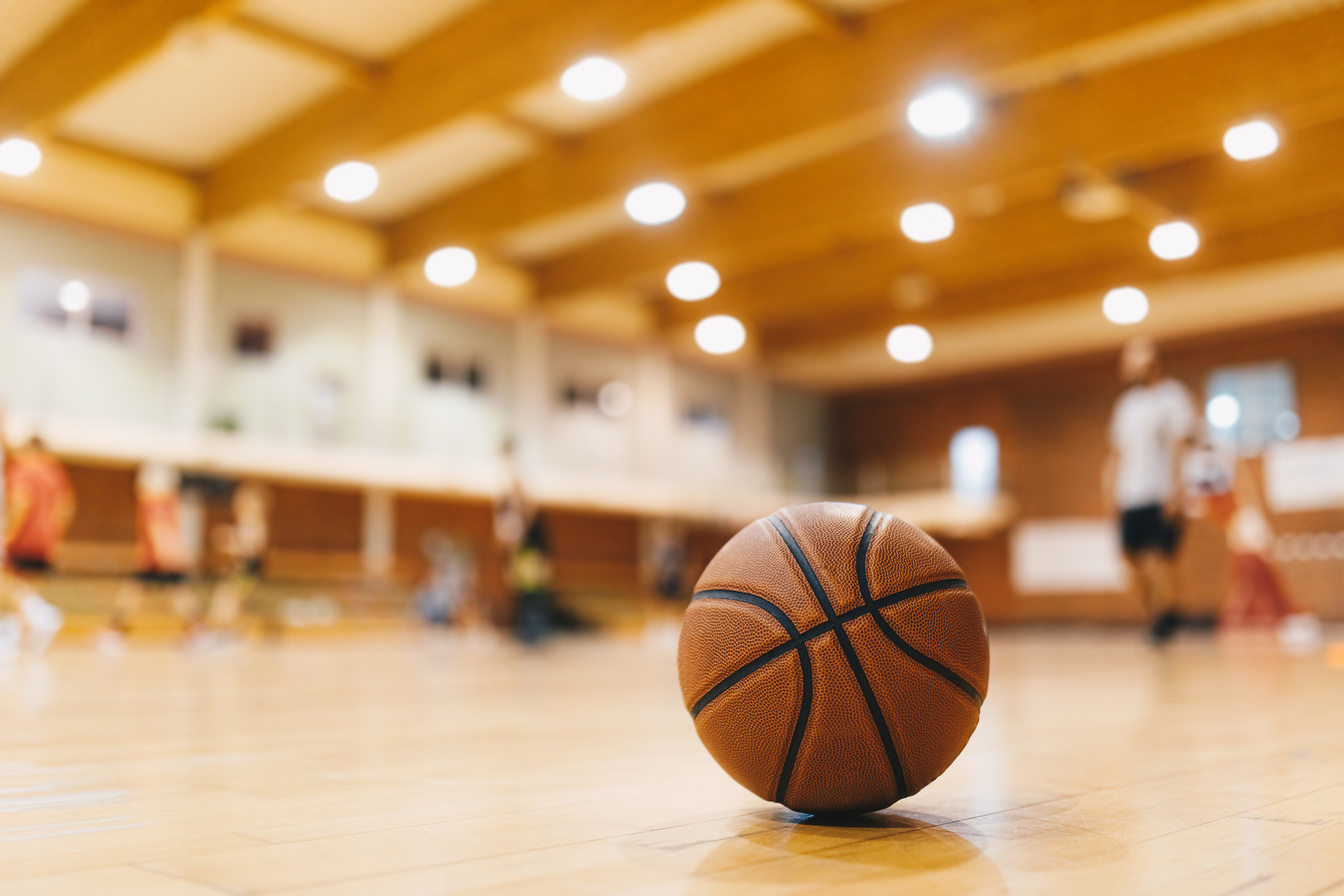 Basketball Training Game Background. Basketball on Wooden Court